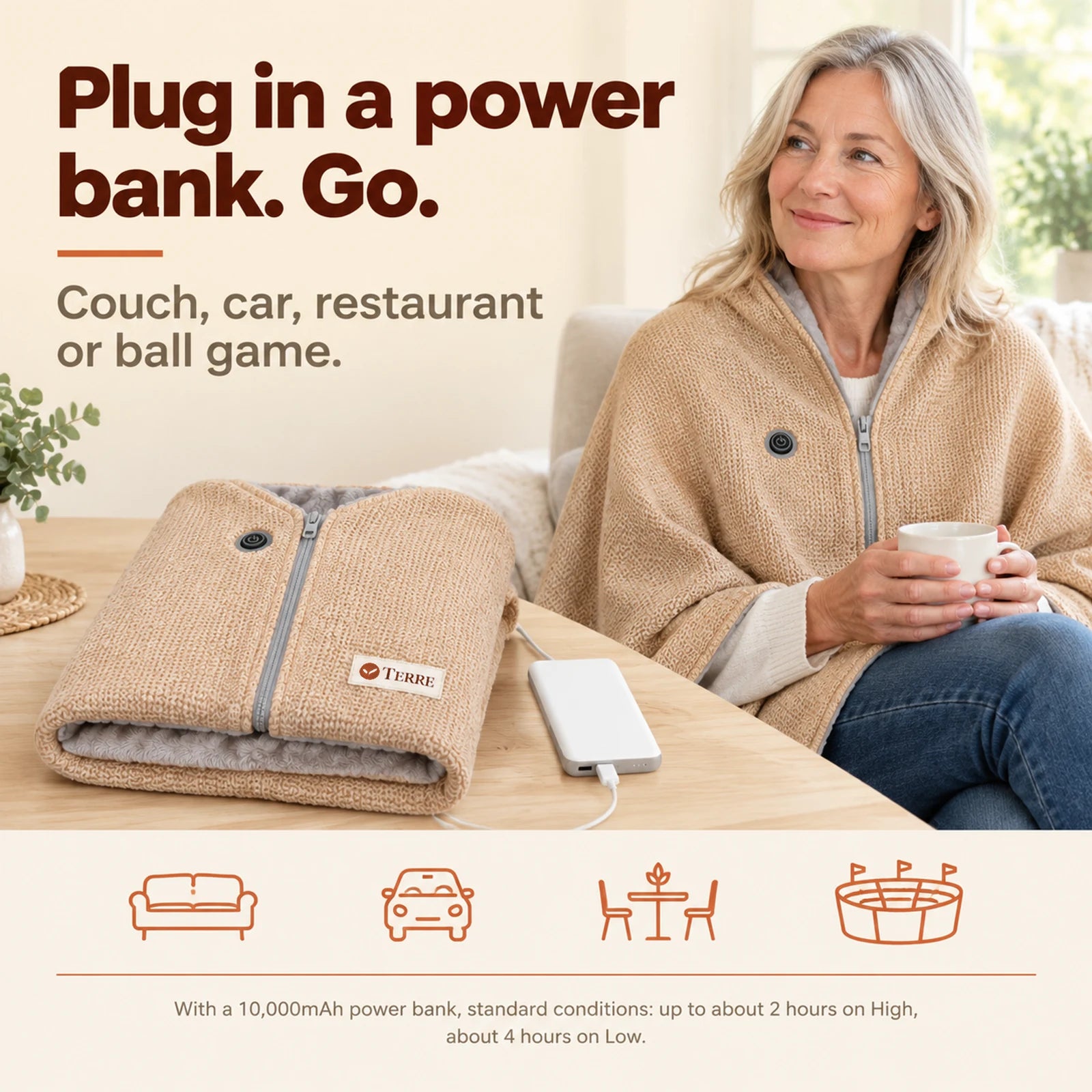 A power bank powers the shawl at home, in the car or at a game